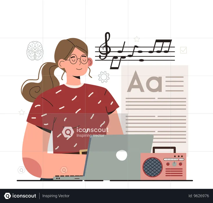 Girl listening music during work  Illustration