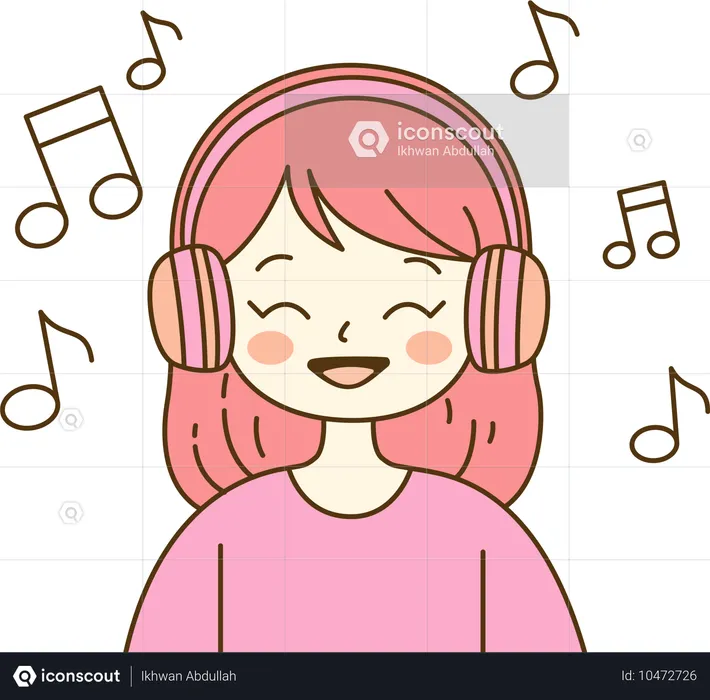 ヘッドフォンを使って音楽を聴く女の子  イラスト