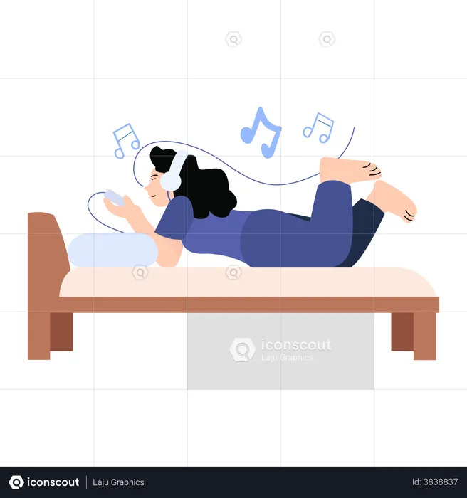 Girl listening music while lying in bed  Illustration
