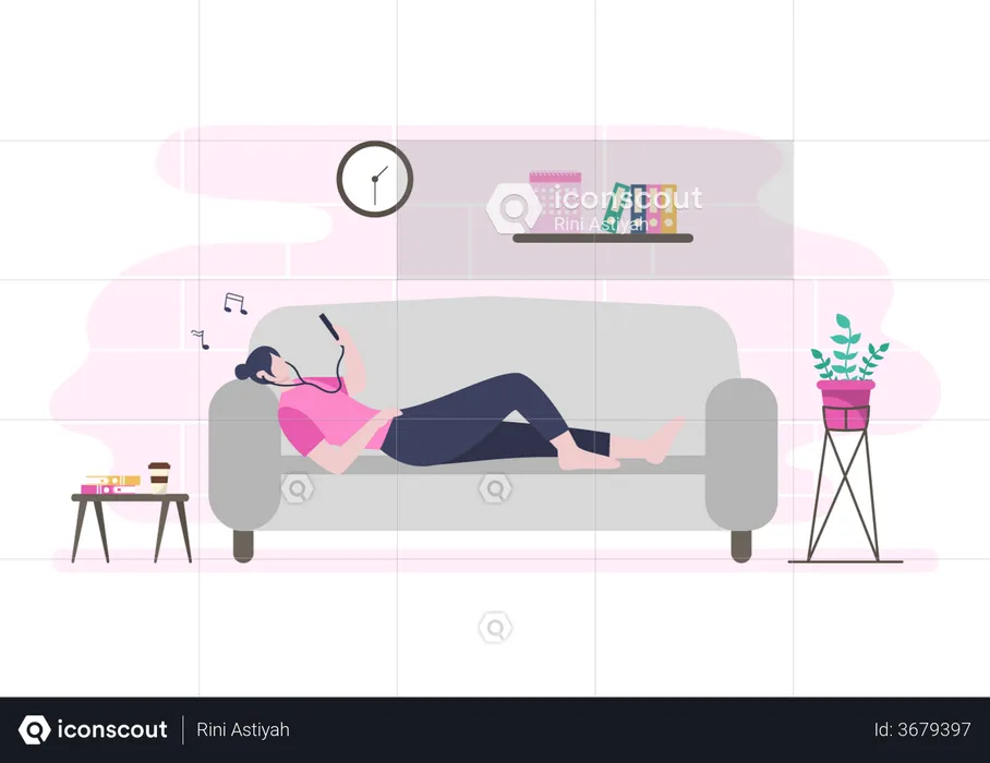 Girl listening music while lying on sofa  Illustration