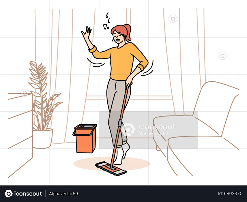 Girl listening music while mopping floor  Illustration
