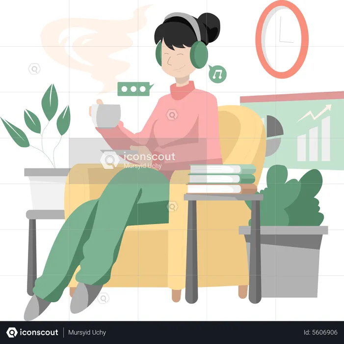 Girl listening music while sitting on sofa  Illustration