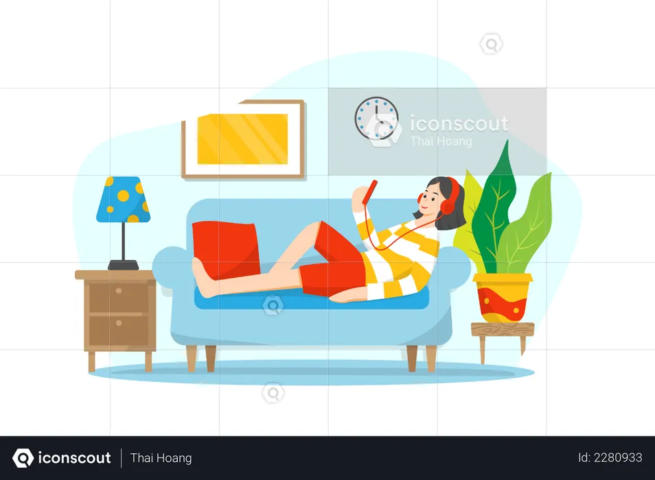 Girl listening music while sleeping on couch  Illustration