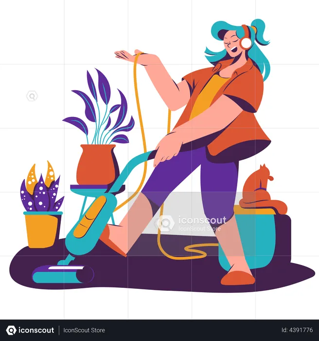 Girl listening music while vacuuming floor  Illustration