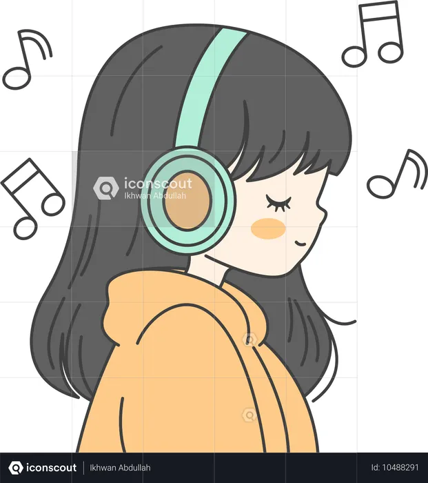 ヘッドフォンで音楽を聴く女の子  イラスト