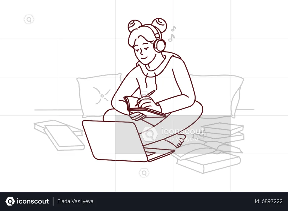 Girl listening to music while writing  Illustration