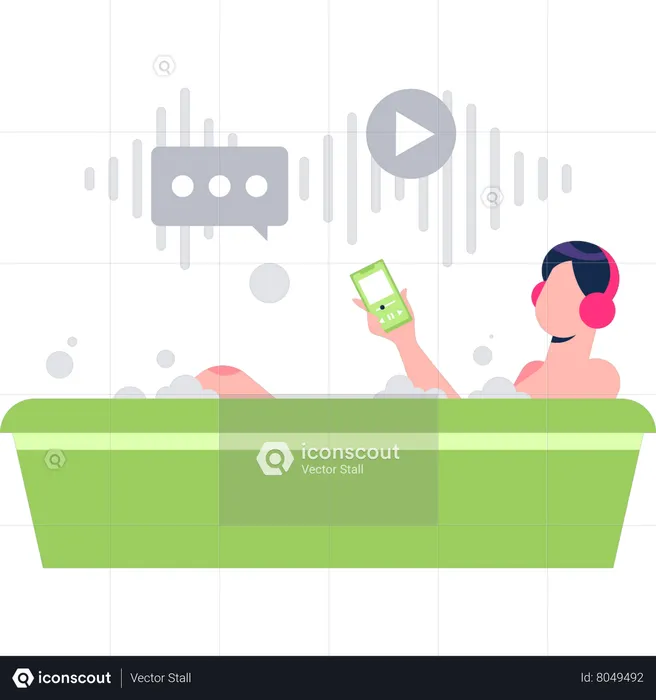 Girl listening to podcast in bathtub  Illustration