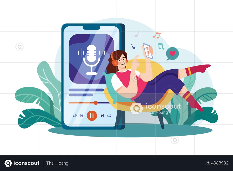 Girl Listening To Podcast Music  Illustration