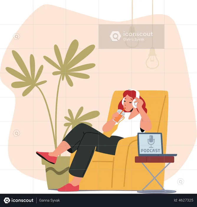 Girl listening to podcast while sitting on armchair  Illustration
