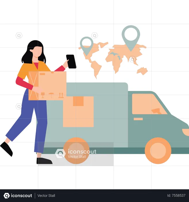 Girl loading parcel into delivery truck  Illustration