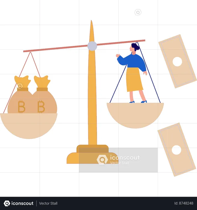 Girl looking at bags of bitcoins  Illustration