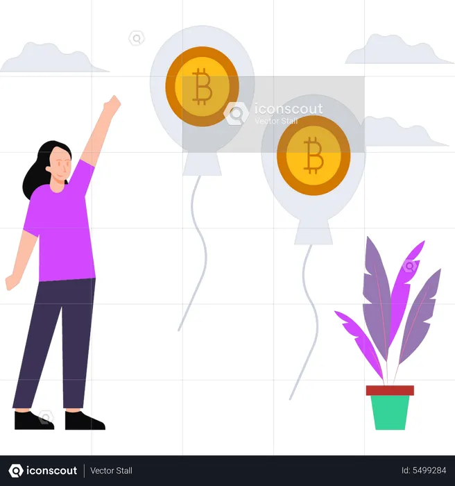Girl looking at bitcoin balloons  Illustration
