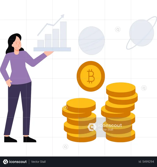 Girl looking at bitcoin bar graph  Illustration