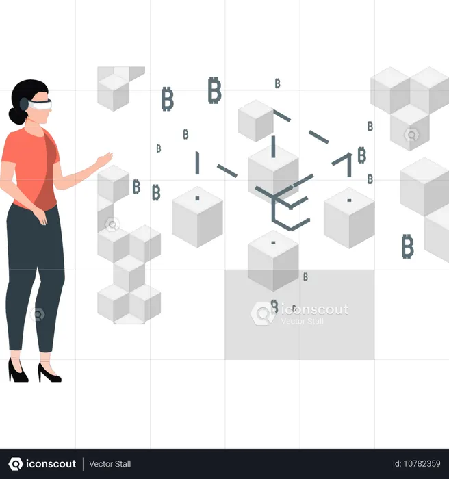 Girl looking at blockchain development  Illustration