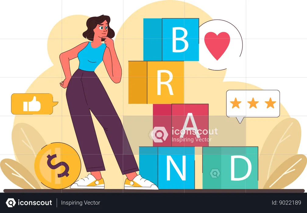 Girl looking at brand cube  Illustration