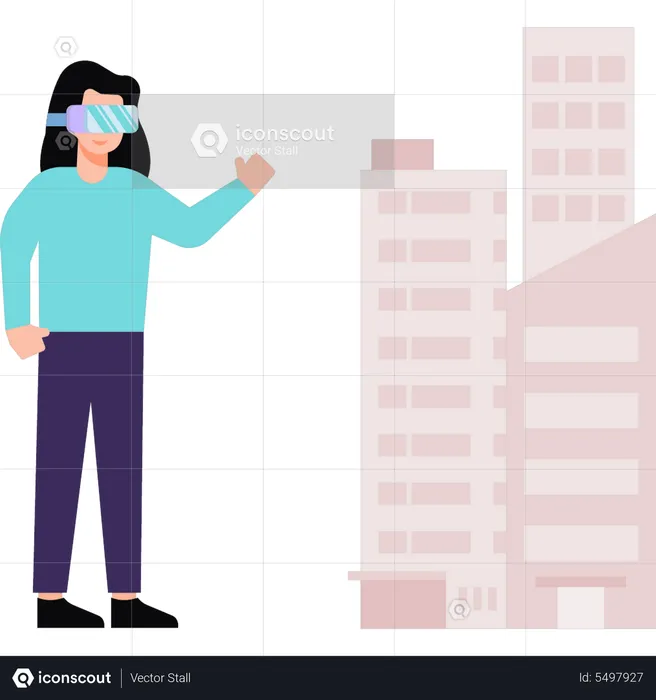Girl looking at buildings wearing VR glasses  Illustration