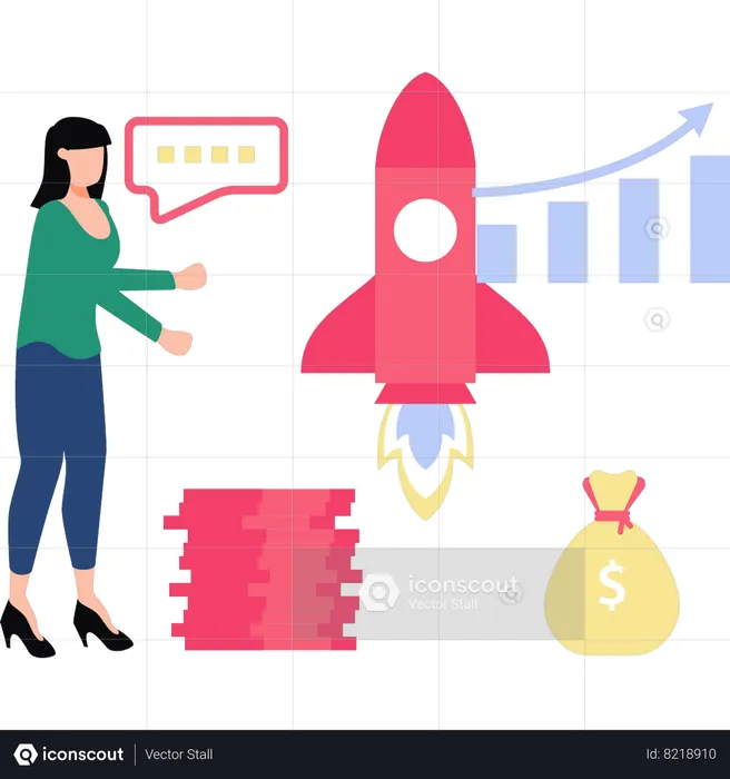 Girl looking at business startup rocket  Illustration