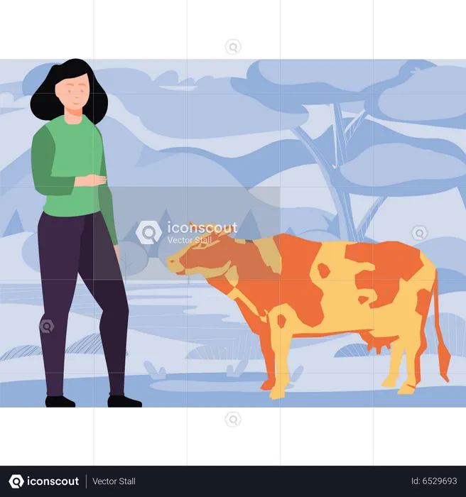 Girl looking at cow  Illustration