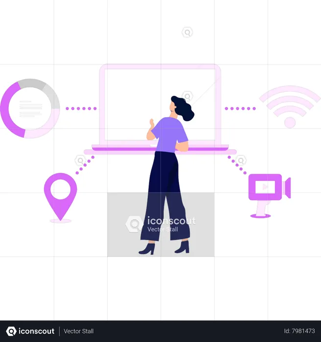 Girl looking at device connections  Illustration