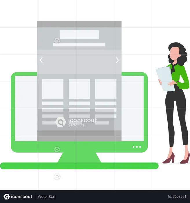 Girl looking at document on monitor  Illustration