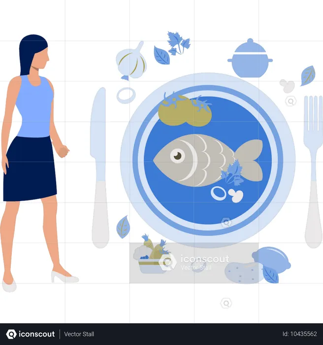 Girl looking at healthy meal plater  Illustration