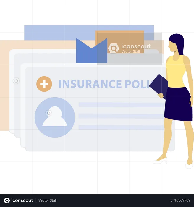 Girl looking at insurance polices cards  Illustration