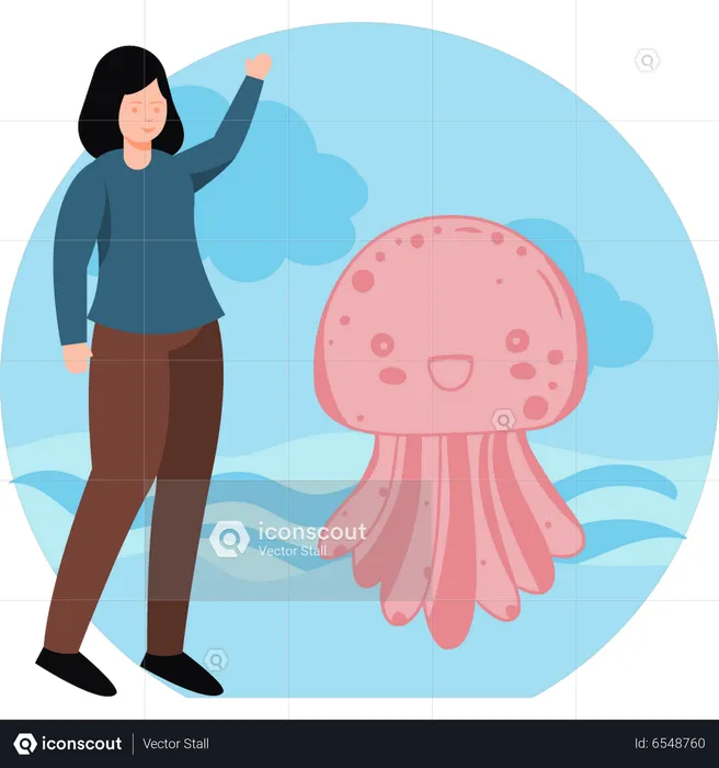 Girl looking at jellyfish  Illustration