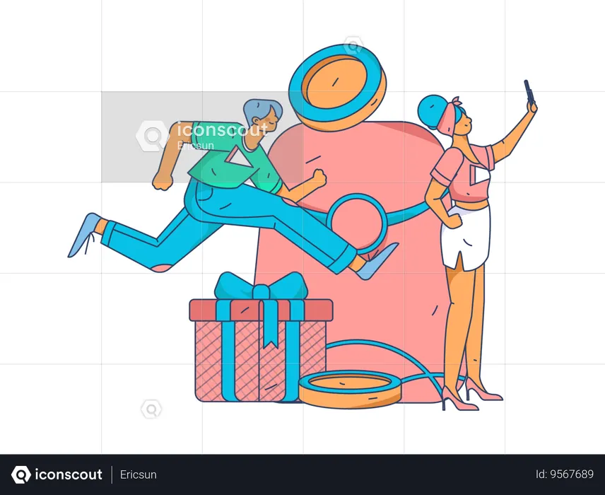 Girl looking at mobile while man running for reward  Illustration