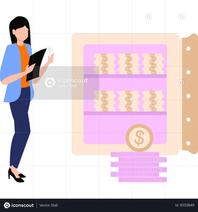 Girl looking at money in locker  Illustration