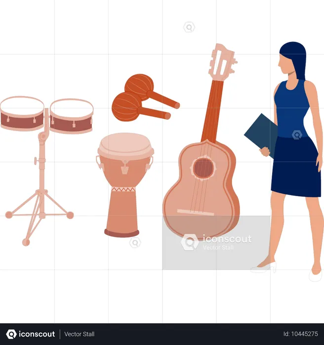 Girl looking at musical instruments  Illustration