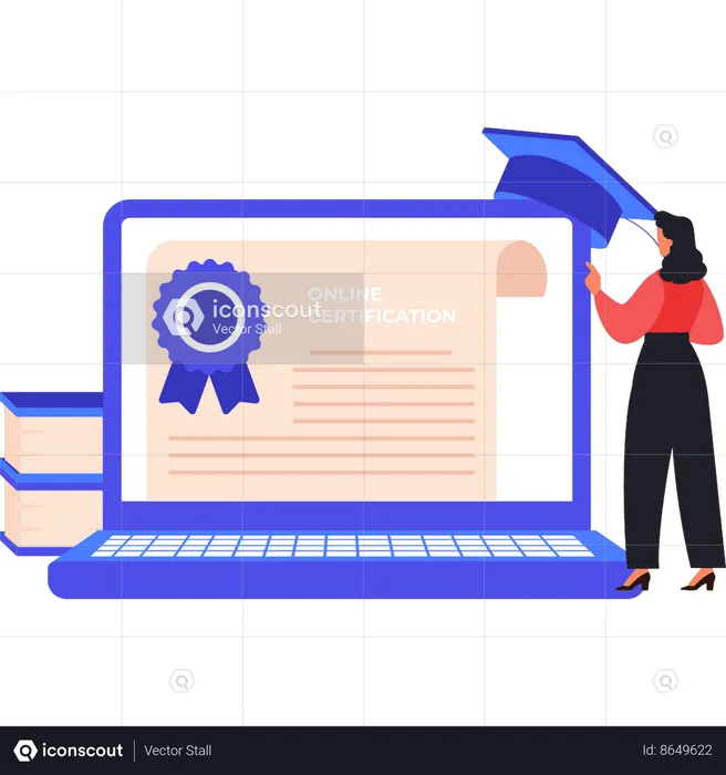 Girl looking at online certificate on laptop  Illustration
