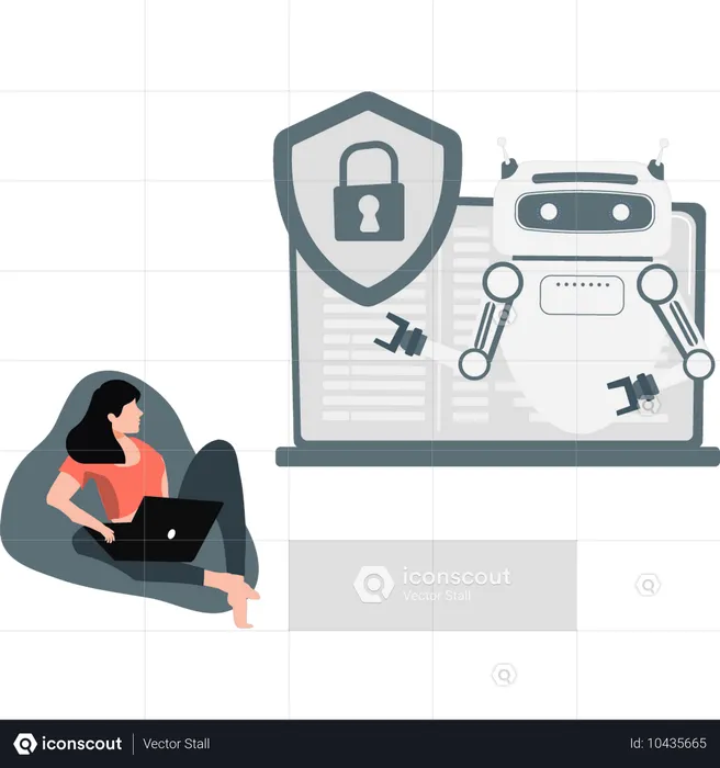 Girl looking at robot and safety lock on laptop  Illustration