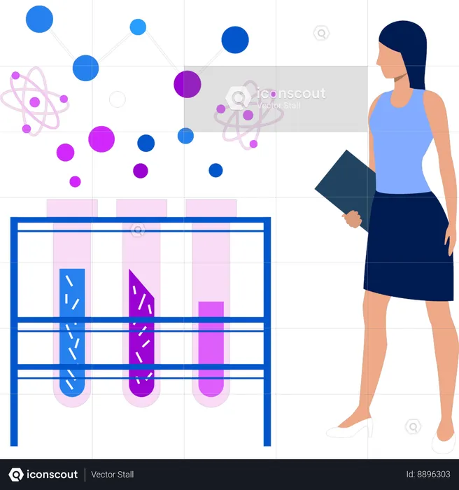 Girl looking at samples in test tube  Illustration