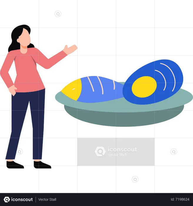 Girl looking at seafood in dish  Illustration
