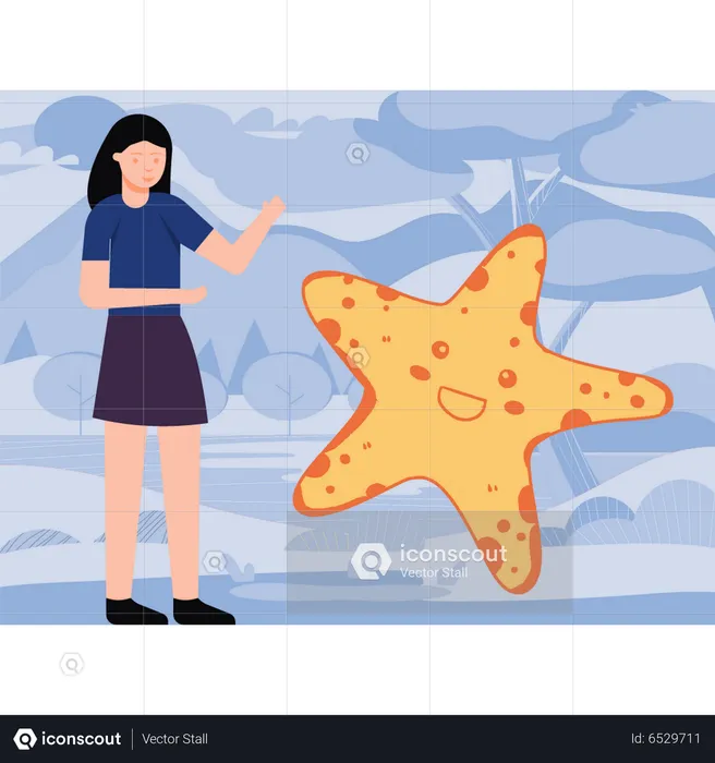 Girl looking at starfish  Illustration
