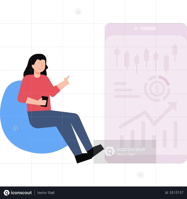 Girl looking at stock market graph on mobile  Illustration