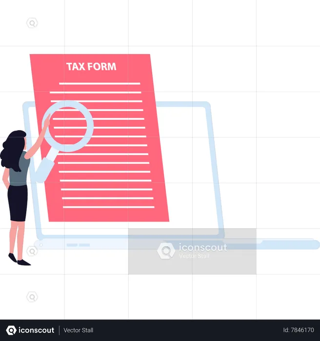 Girl looking at tax form with magnifier  Illustration