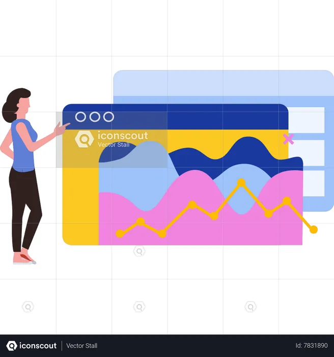 Girl looking at web page analytics  Illustration