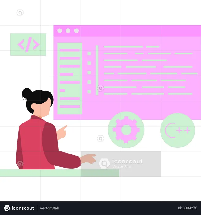 Girl looking at web page coding  Illustration