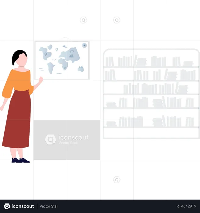 Girl looking at world map in book library  Illustration