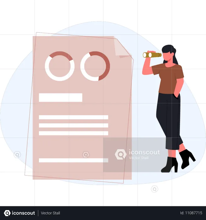 Girl looking document paper though binoculars  Illustration