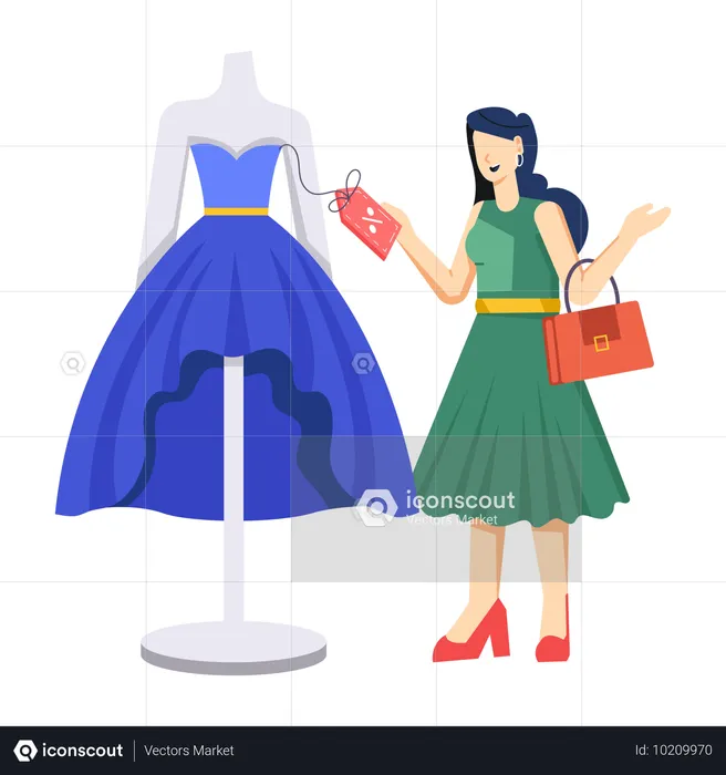 Girl looking dress at clothing discount  Illustration