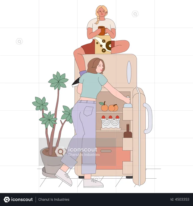 Girl looking for food in refrigerator  Illustration