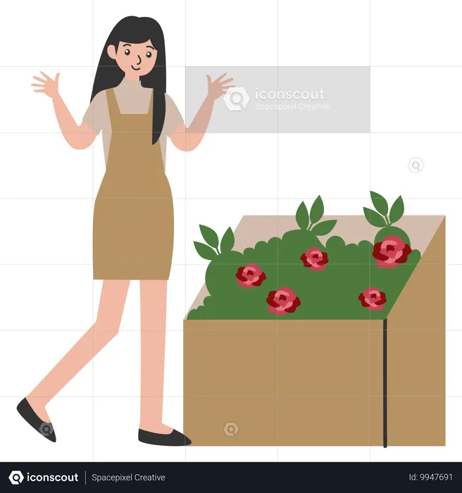 Girl looking Garden delights flowers shop  Illustration