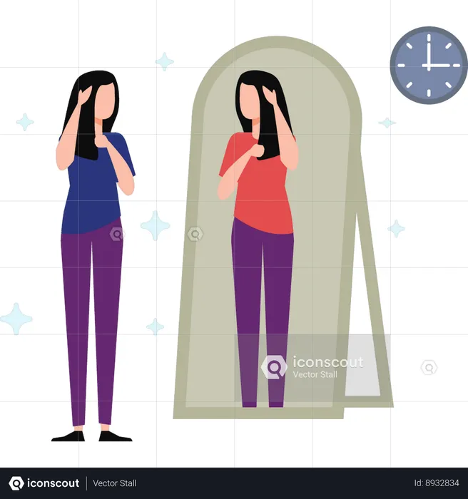 Girl Looking Herself At Mirror  Illustration