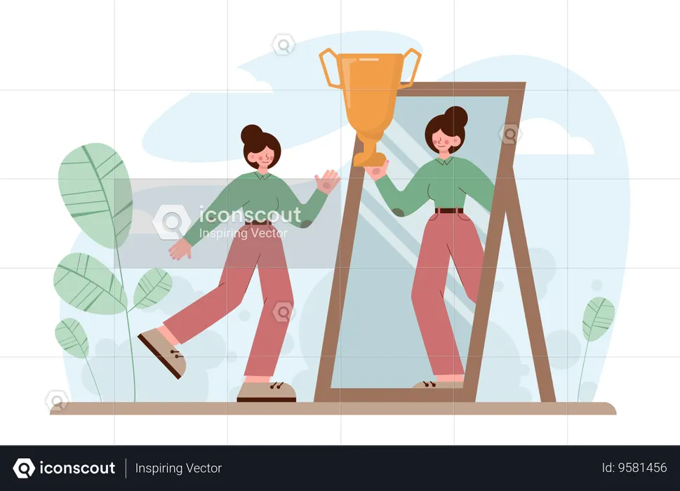 Girl looking herself with success trophy  Illustration