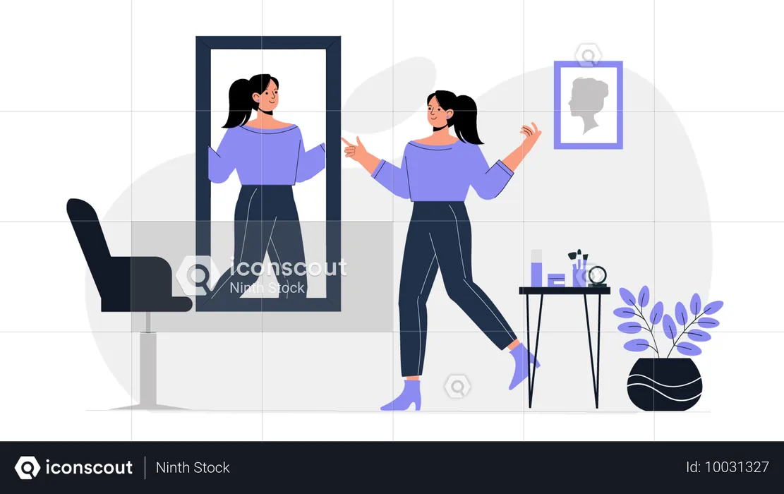 Girl looking in mirror at salon  Illustration