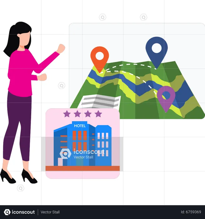 Girl looking location of hotel on map  Illustration