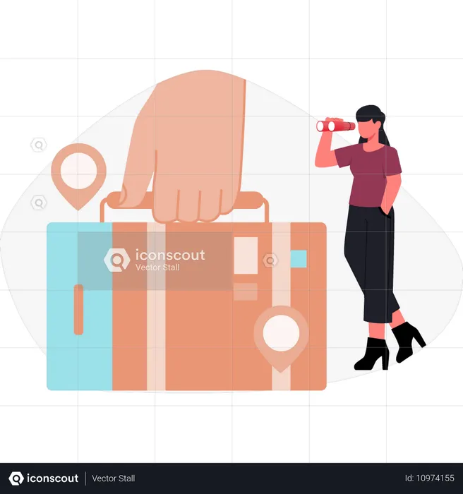 Girl looking luggage bag by telescope  Illustration