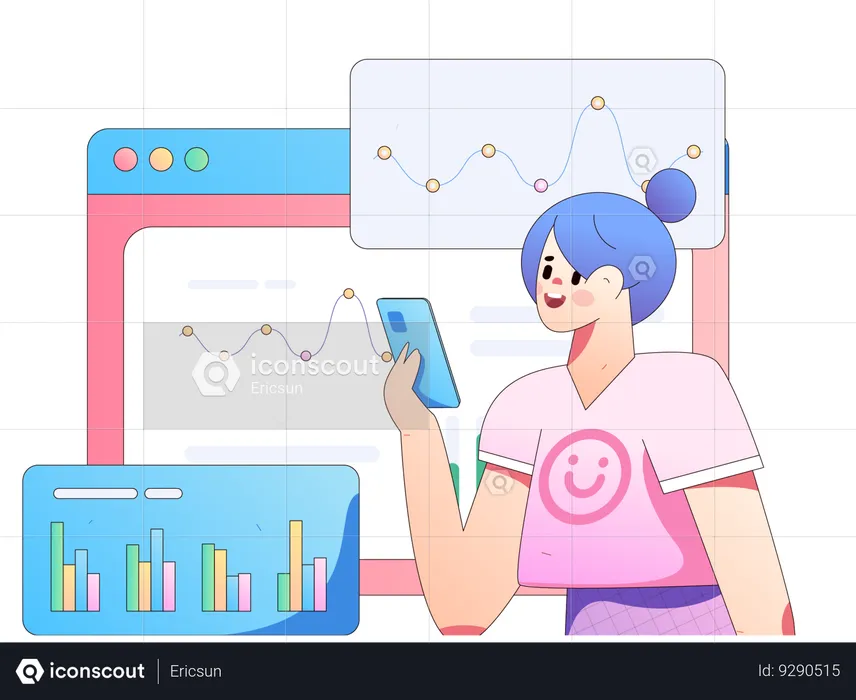 Girl looking online analysis chart using mobile  Illustration